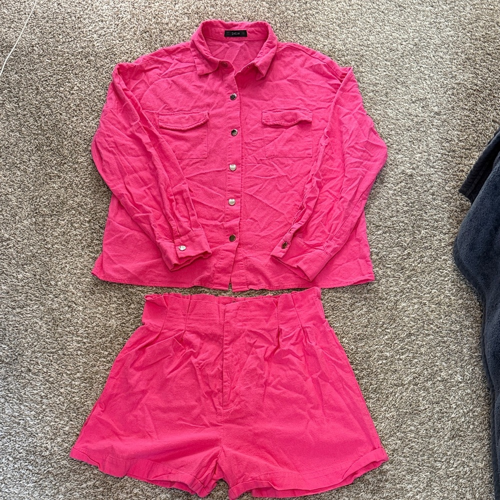 Vibrant Pink Button-Up Shirt and Shorts Set